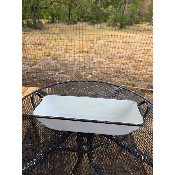 Vintage Enamelware Trough Planter White Black Trim Distressed Farmhouse Basin
