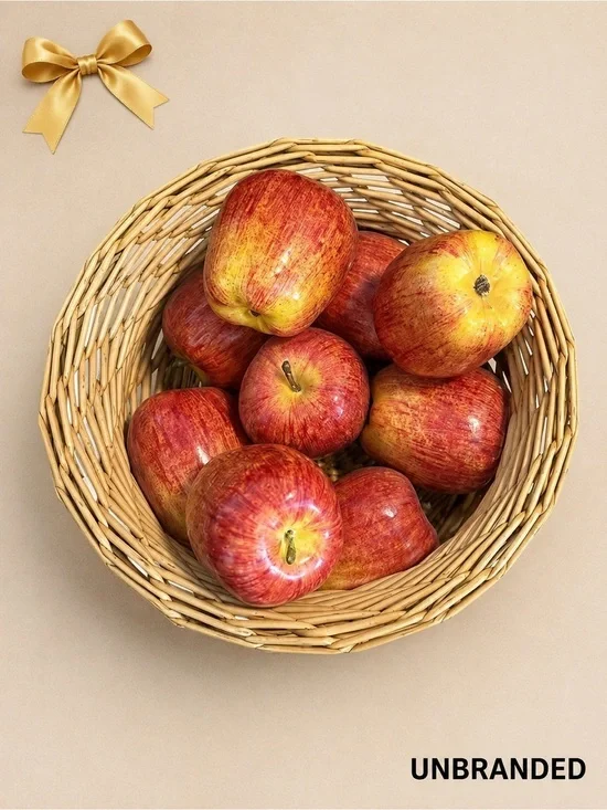 Decorative Display 9 Realistic Faux Red Apples in 11” Woven Basket Lightweight