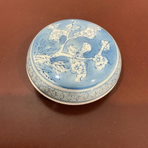 Vintage Porcelain Rouge Box 2 Piece Blue‎ Floral With Birds
