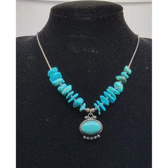Vintage Southwestern Sterling Silver Turquoise Nugget Liquid Silver Necklace 70s