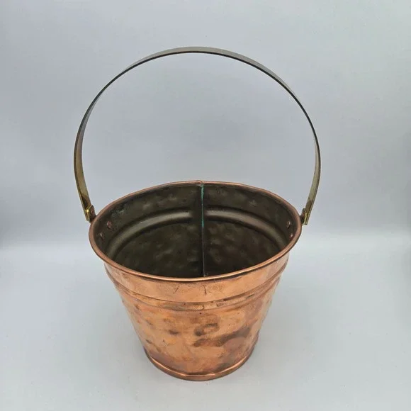 Vintage Artisan Made Hammered Copper Bucket Pail Brass‎ Handle Signed CH 1991