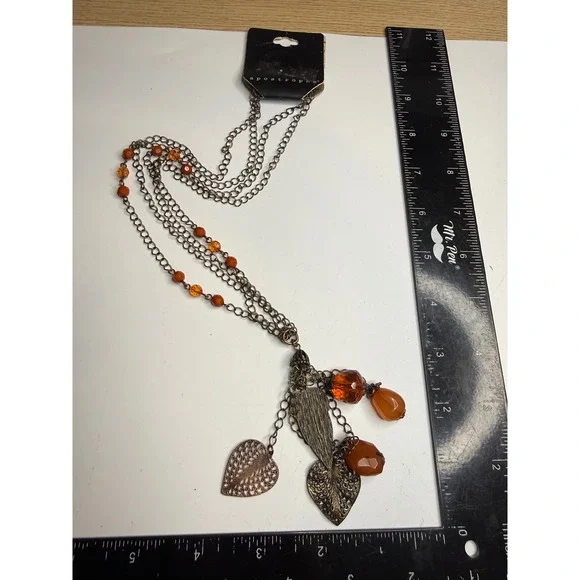 Apostrophe Bronze Tone Multi Strand Leaf Charm Orange Bead Long Necklace NWT