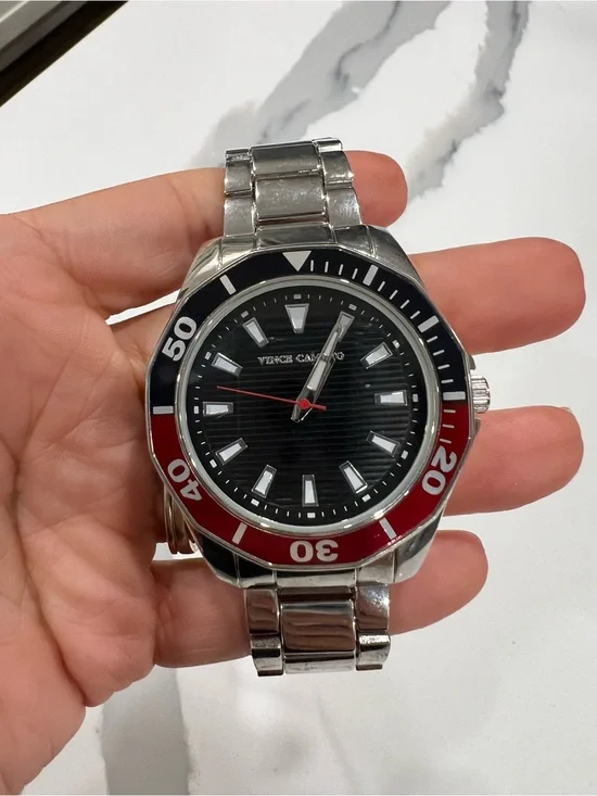 Vince Camuto Men's Stainless Steel Watch Red/Black Sport Bezel-needs new battery