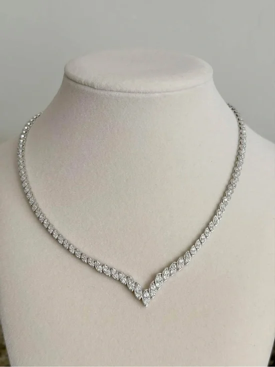 Marquise V-Front Necklace in Silver Tone with Clear Stones