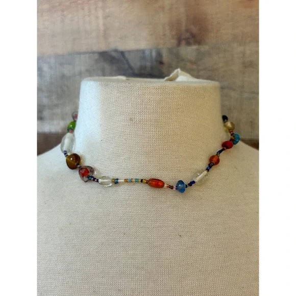 Multicolor Handcrafted Glass Bead Necklace Boho Eclectic 16 Inch