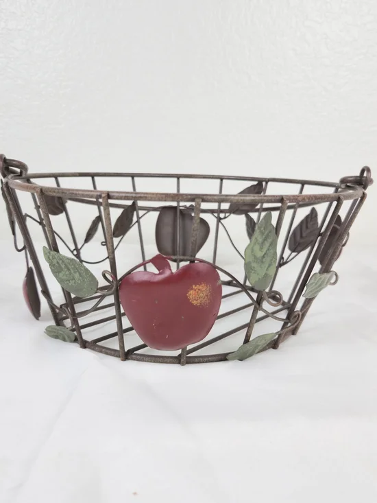 Decorative Metal Fruit Basket with Red Apple Accents