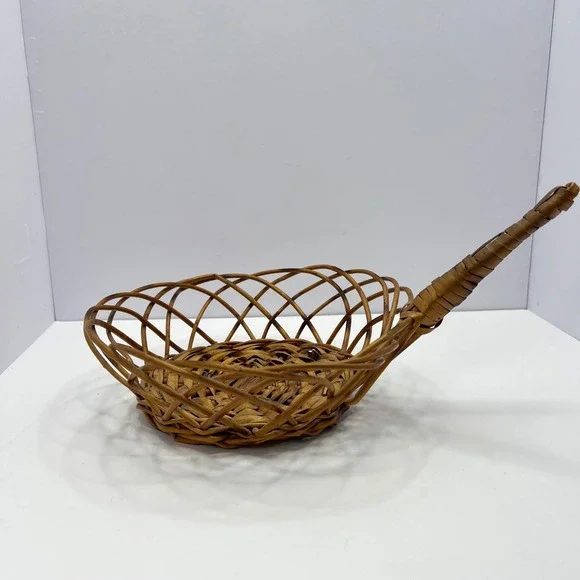 Vintage Woven Wicker Basket with Handle Round Open Weave Boho Cottage Farmhouse