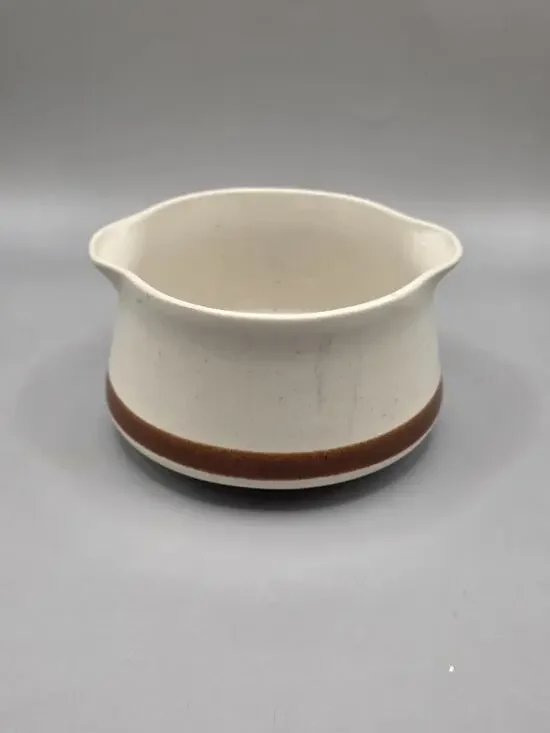 Vtg The Woodhaven Collection Stoneware Double Spout Gravy Boat Japan Brown Band