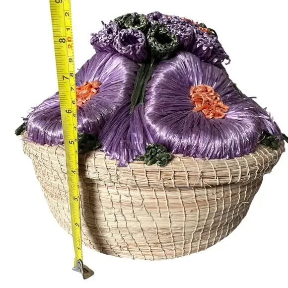 Vintage Straw Basket Raffia Flowers Covered Dome Lid Large Sewing Boho Grandma