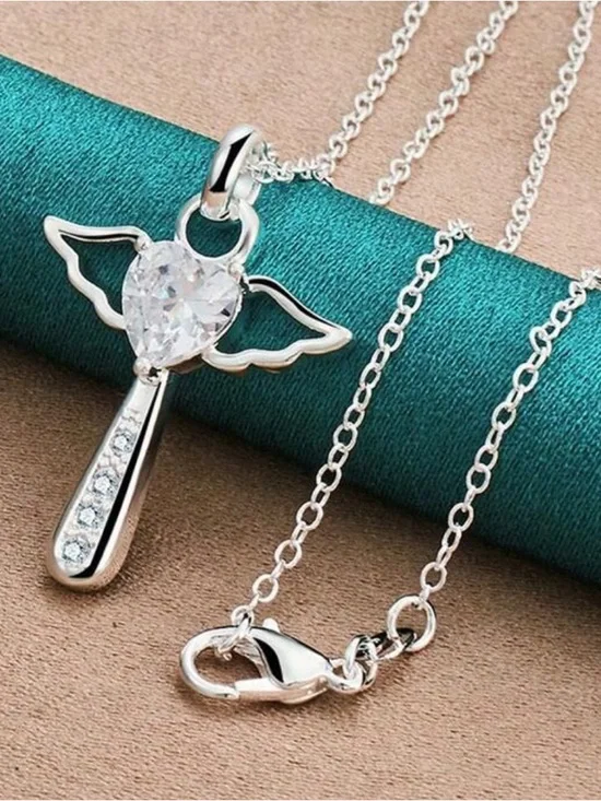 925‎ Sterling Silver Plated Necklace Angel Crystal Cross with 50 cm chain
