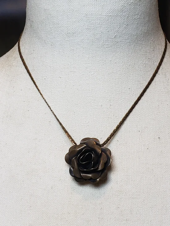 Vintage Bronze Rose Pendant Necklace