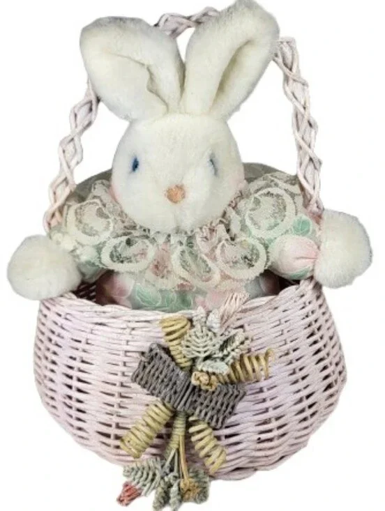 Soft Expressions Plush Bunny in Pink Wicker Basket 8.5