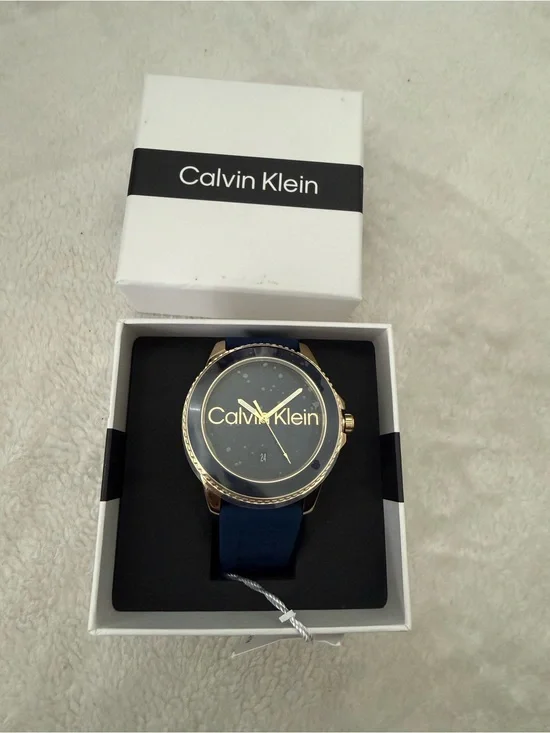 Calvin Klein Navy and Gold Men's Watch with Logo Dial