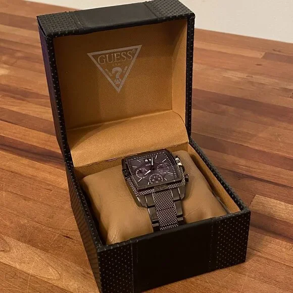 Men's GUESS Watch Gunmetal Gray Classic Rectangular Face and Steel Band with Box