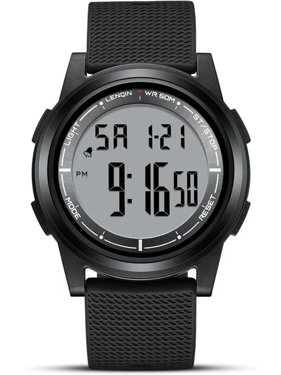 Men's All Black Digital Ultra Thin Sports Waterproof Silicone Band Wrist Watch