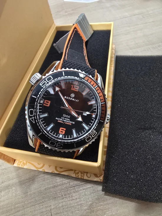 Buerniji Authomatic Diver Watch - Black and Orange Sport Strap