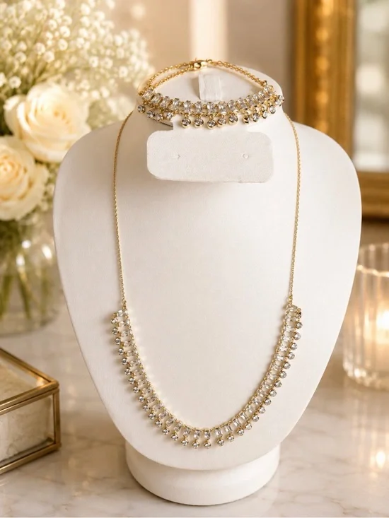 Gold Crystal Drop Necklace and Bracelet Set - 14 K Gold Plated