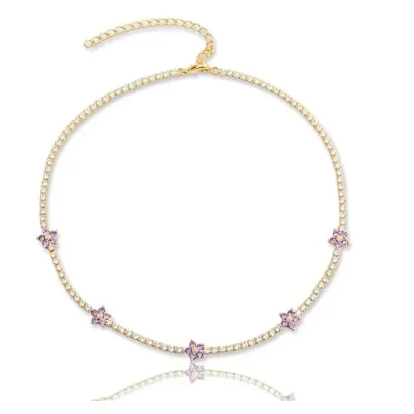 Light purple flower sparkly cubic zirconia tennis necklace