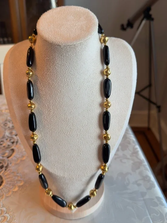 Vintage Signed Napier 1980s Black & Gold Beaded Statement Necklace 24