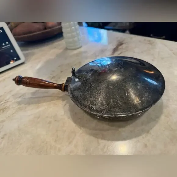 Vintage Silver on Copper silent butler Pan with Wooden Handle