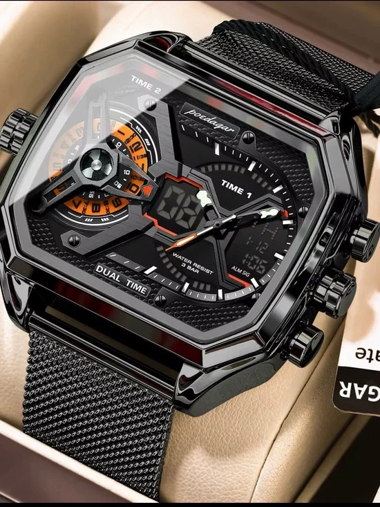 Luxury Dual Time Square Watch – Waterproof & Chronograph Mesh Strap Wristwatch