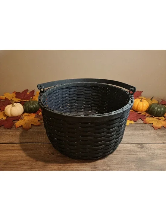 Vintage Primitive Rustic Country Black Splint Market Basket w Handle 13.75