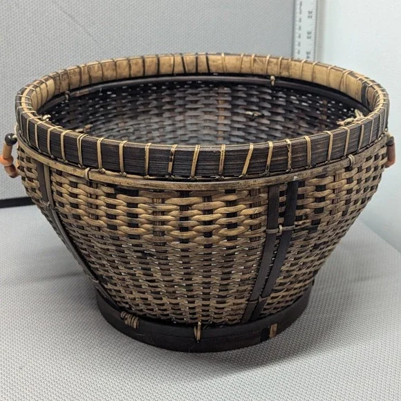 VTG Handcrafted Woven Bamboo Basket Two Tone Round Storage w/ Wood Bead Handles