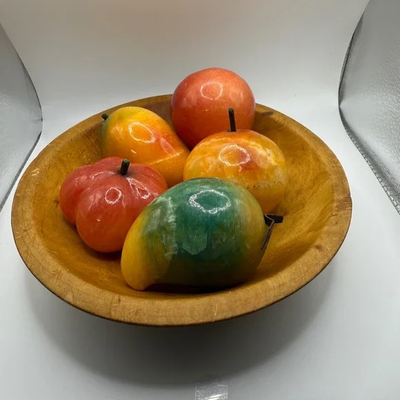 Wooden‎ Dough Bowl with Alabaster Stone Fruit Still Life Farmhouse Decor