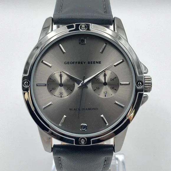 Geoffrey Beene Men's Watch 43mm Black Diamond Gray Band New Battery 10