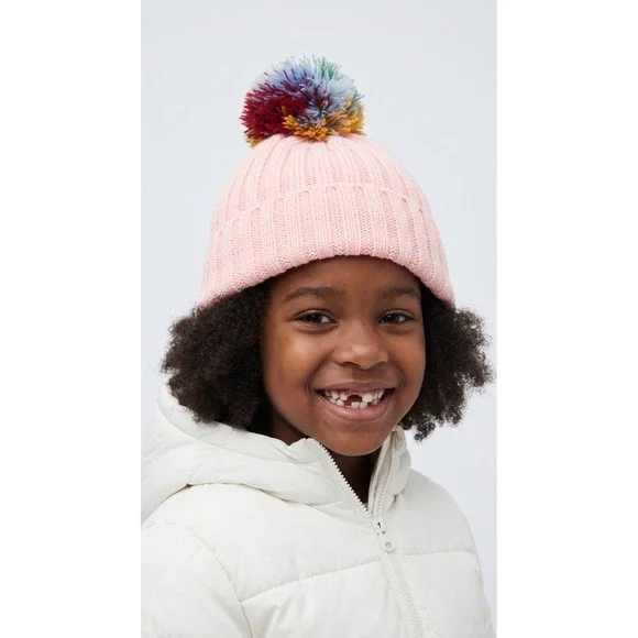 NWOT Hanna Andersson Kids Pink Ribbed Knit Beanie Multi-Color Pom Pom Hat Small