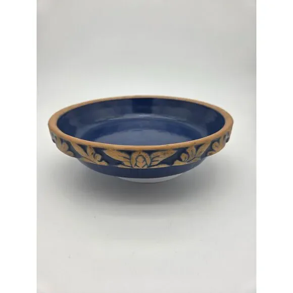 Clay City Pottery Blue Stoneware 10 Inch Pie Pan Dish Indiana Floral Leaf Vtg