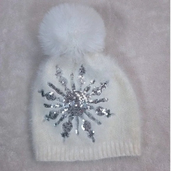 Snowflake Beanie Kids Fuzzy Knit OS White Sequin Pom Pom Hat Y2K Winter Holiday