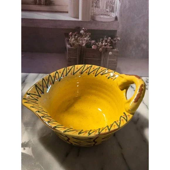 Foreside Yellow Ceramic Batter Bowl with Spout and Handle Zig Zag Pattern‎