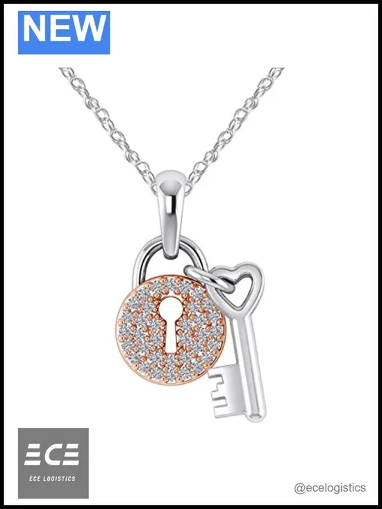 925 Sterling Silver Natural Diamond Heart Key Lock Pendant Necklace 18 Inch