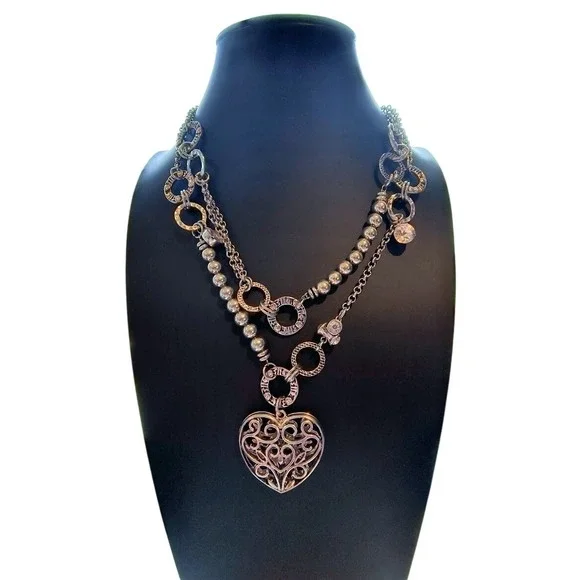 Silver Tone Filigree Heart Multi Strand Statement Necklace‎ Crystal Accents 18