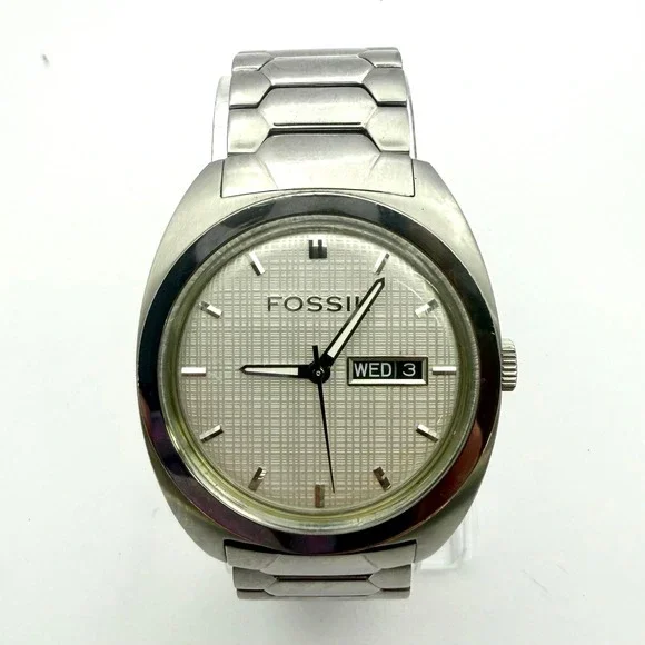 Fossil FS4053 Stainless Steel 40mm Day Date Silver Dial Mens Watch 50M new‎ batt