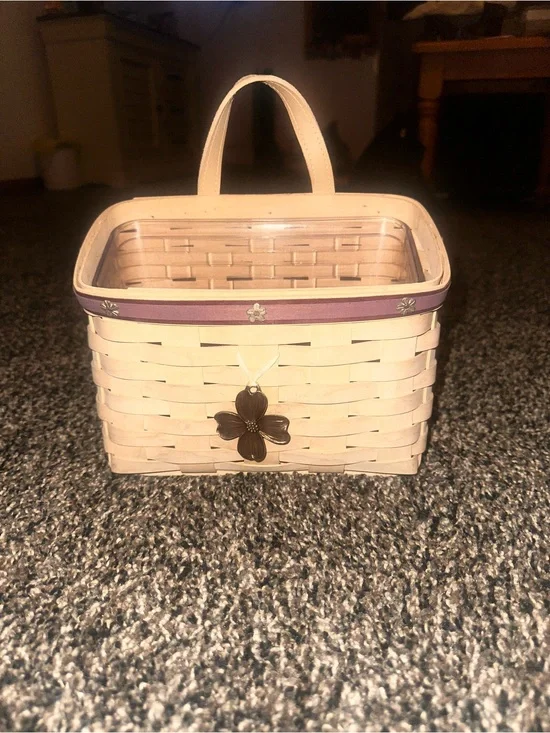 Longaberger Cream Woven Basket with Purple Trim and Floral Charm