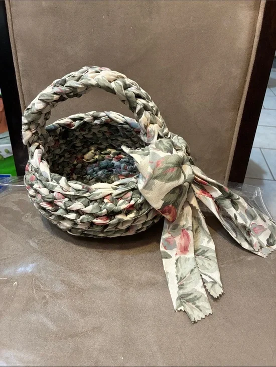Woven Floral Fabric Basket with Bow Accent - Green Floral