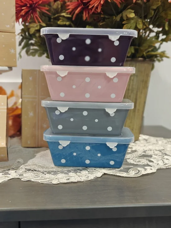 Temptations Polka Dot Stackable Food Storage Set - Purple, Pink, Gray, Blue S/4