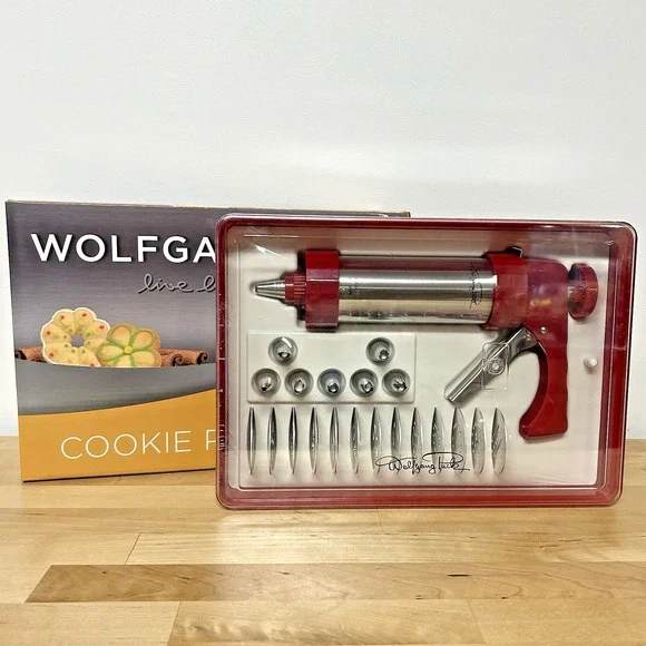 Wolfgang Puck Cookie Press Set Discs Tips Red Storage Box Holiday Baking Kit NEW