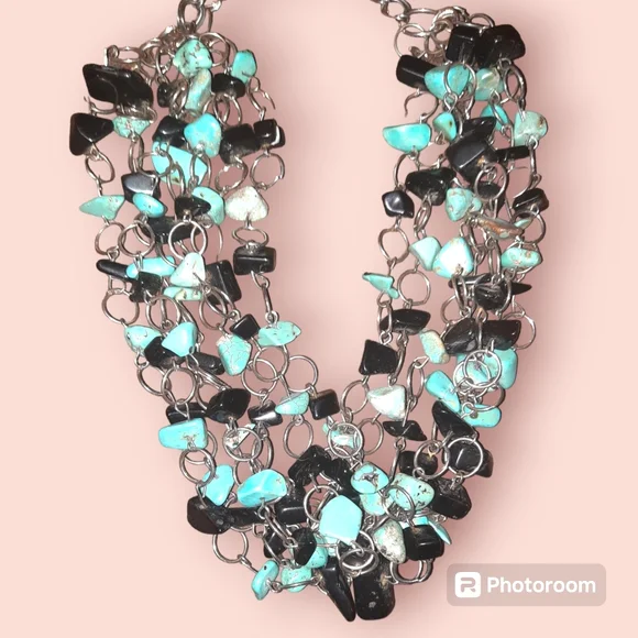 Turquoise and black genuine nugget multistrand necklace silvertone
