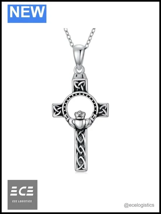 S925 Sterling Silver Claddagh Celtic Cross Necklace Pendant for Women