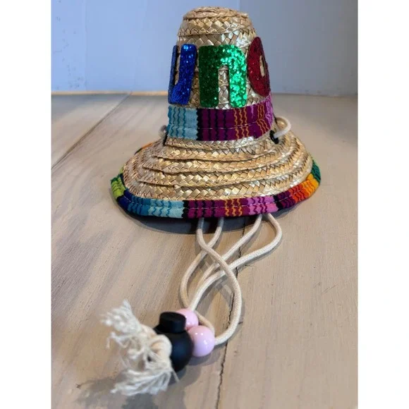 Mini Straw Sombrero Hat UNO Glitter Letters Serape Trim Party Pet Accessory‎ 6in