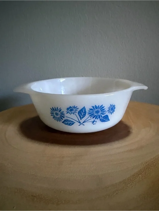 Anchor Hocking White Glass Bowl with Blue Floral Motif