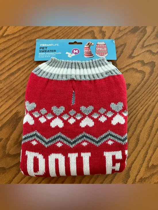NWT Vibrant Life “Spoiled” Red Dog Knit Sweater, Paw Heart Fair Isle, Sz M