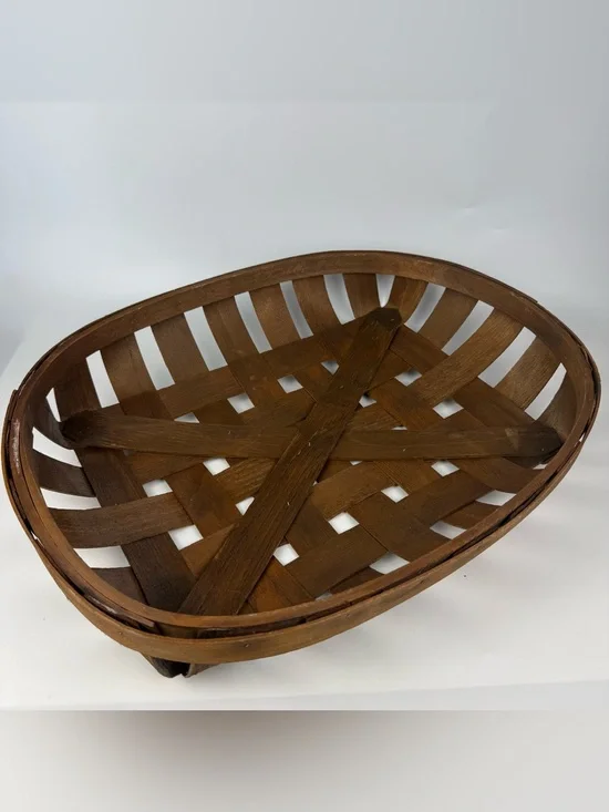 Woven Wood Tobacco Oval Basket Tray Rustic Farmhouse Vtg Style Brown 15.5”x19.5”