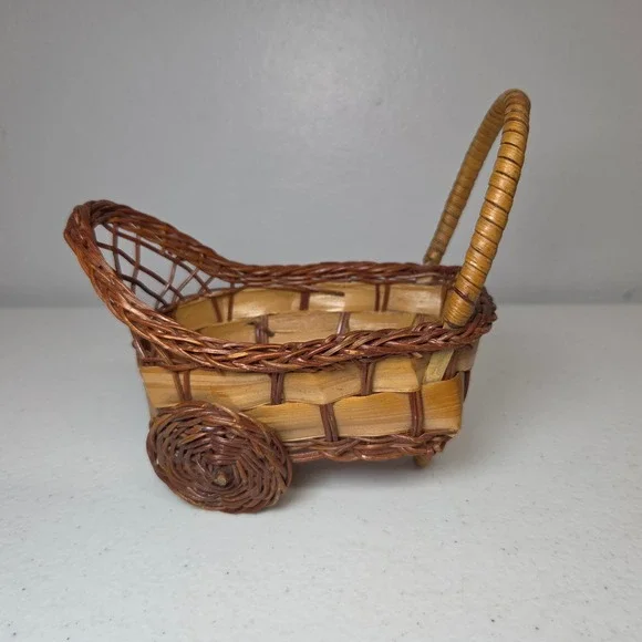 Vintage‎ Miniature Wicker Basket Wagon Small Decorative Cart Brown Wood