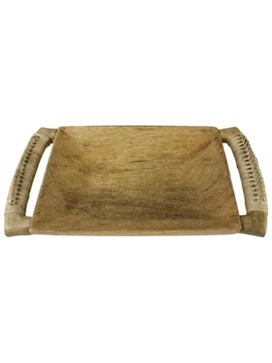 Rustic Natural Mango Wood Tray Woven Handles Decorative Serving Piece NEW