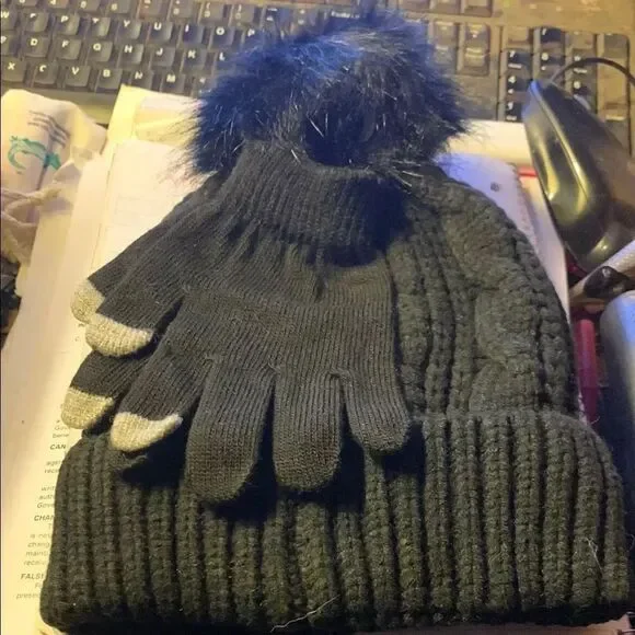Black Knit Hat and Gloves Set with Pom Pom