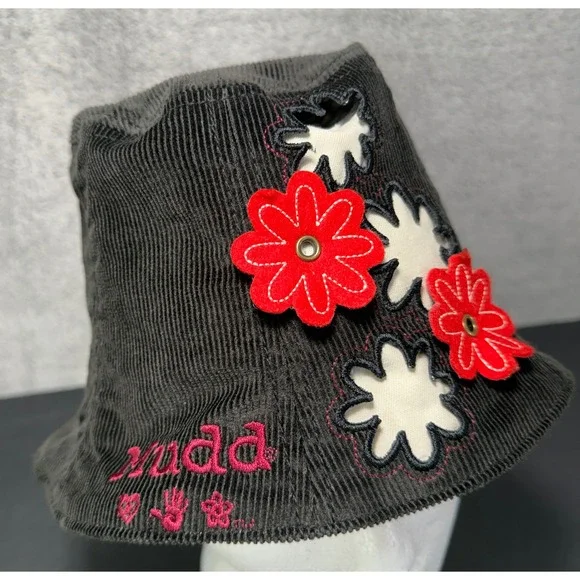 Mudd‎ Bucket Hat Girls OS Black Corduroy Floral Applique Y2K Vintage NWT